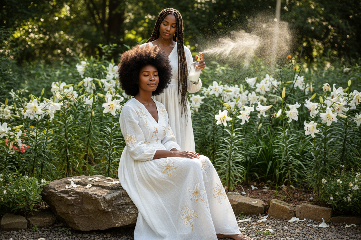 A 27 year old black woman with a big Woolly afro, wearing a long linen white dress with embroidered gold Lillie's, sitting on a rock in a garden of white tiger Lillie's, as another black woman with braided hair stands behind her is misting her hair with a clear and gold color mist spray bottle filled with white liquid. Show the mist spraying from the bottle onto her hair