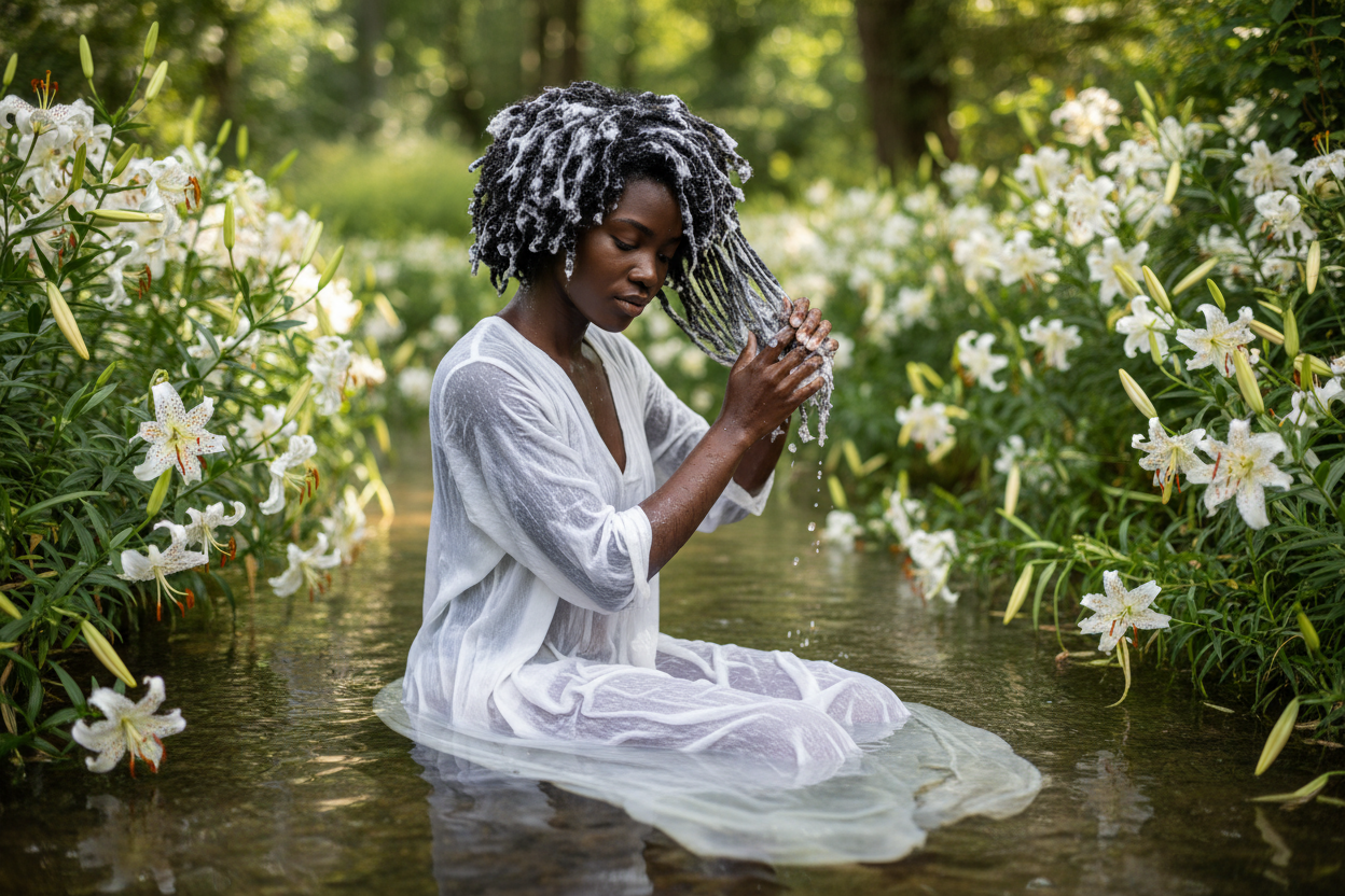 a-27-year-old-black-woman-with-woolly-afro-hair-that-is-socking-wet-water-and-conditioner-in-it-and-she-is-wearing-a-long-linen-white-bath-dress-sitting-in-a-river-in-the-middle-of-a-garden-filled-with-white-tiger-lilles-she-is-rubbing-the conditioner into her hair